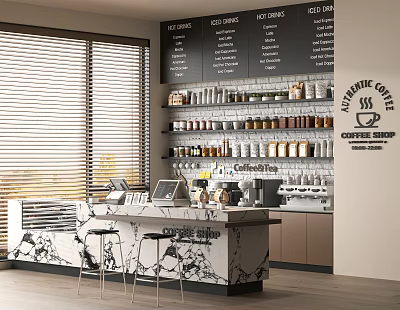 Modern Coffee Shop Interior With Marble Counter Menu Boards Coffee Machines And Shelves 3d model