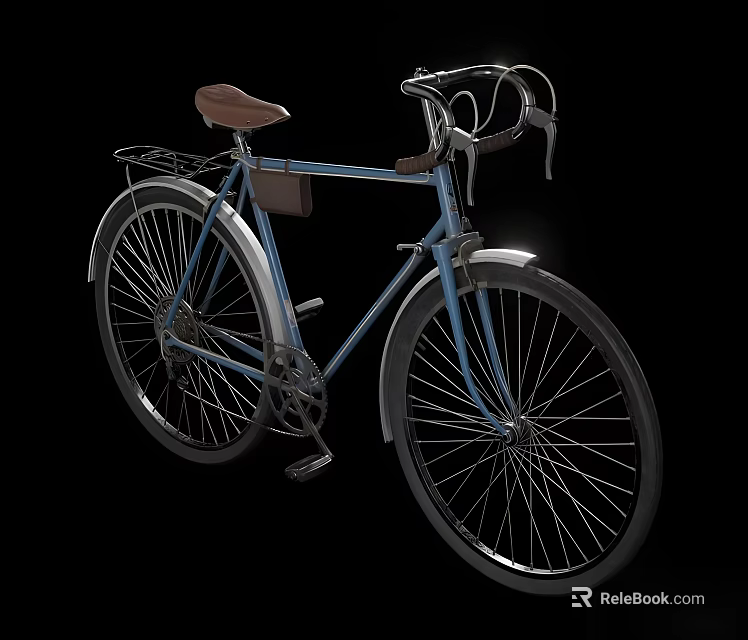 Vintage Blue Bicycle With Brown Seat Curved Handlebars Rear Rack And Fenders 3d model 