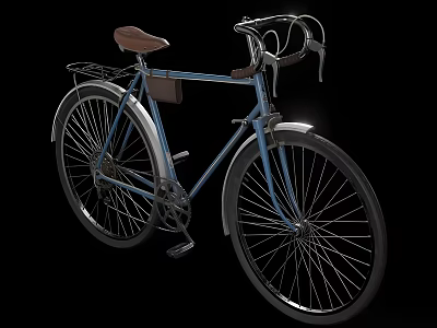 Vintage Blue Bicycle With Brown Seat Curved Handlebars Rear Rack And Fenders 3d model