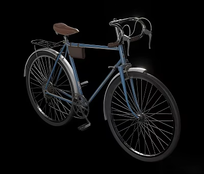 Vintage Blue Bicycle With Brown Seat Curved Handlebars Rear Rack And Fenders 3d model