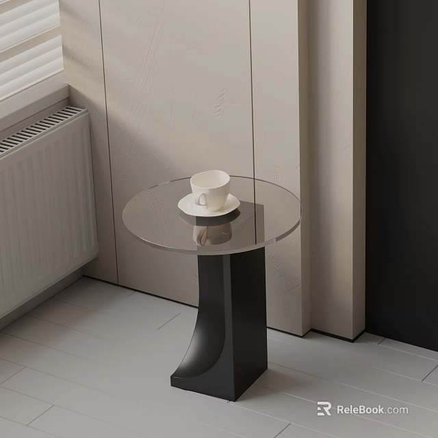 Round Glass Top Side Table With Black Base And White Cup On White Tiled Floor 3d model 
