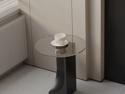 Round Glass Top Side Table With Black Base And White Cup On White Tiled Floor 3d model