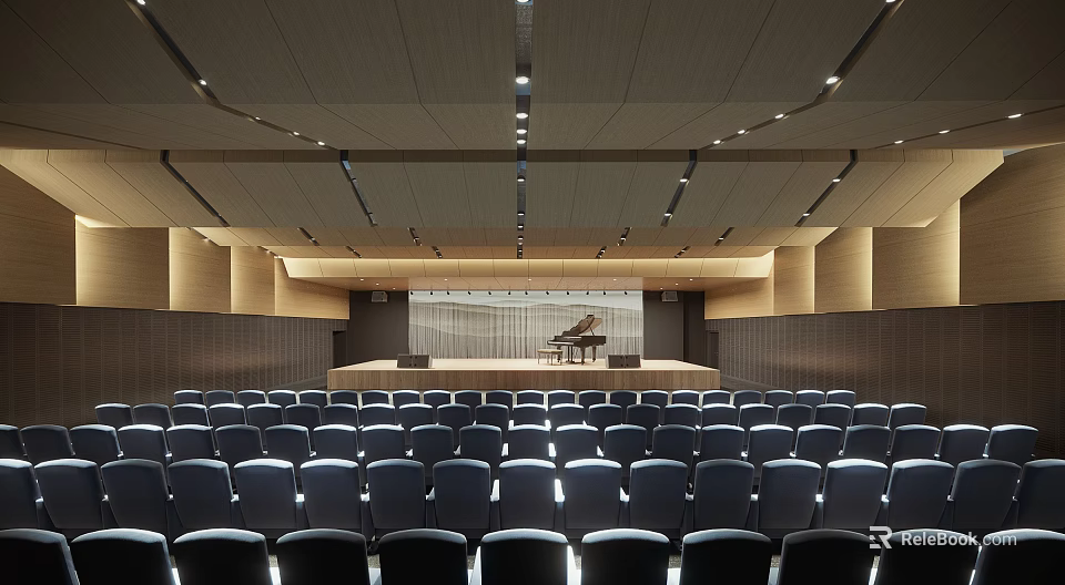 Spacious Auditorium Interior With Seats Stage And Grand Piano 3d model 