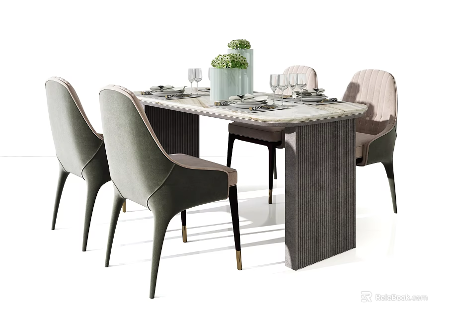 Elegant Modern Dining Set With Marble Tabletop Upholstered Light Grey Chairs Tableware And Greenery 3d model