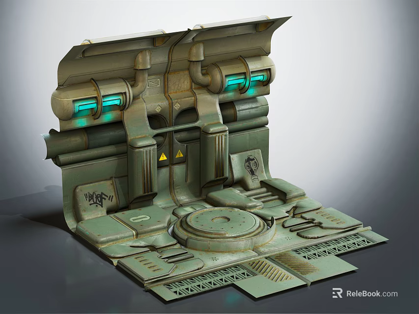 Futuristic Sci Fi Mechanical Device With Complex Structure Green Lights And Round Platform Console 3d model 