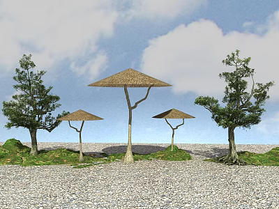 Outdoor Scenery With Thatched Umbrellas Trees Gravel Ground And Blue Sky White Clouds 3d model