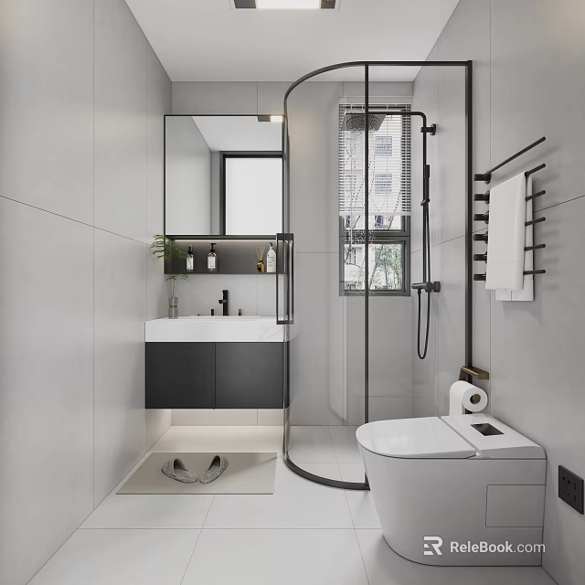 Modern Bathroom Interior With Wall-Mounted Vanity Glass Shower Enclosure And Toilet 3d model 