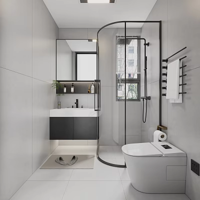 Modern Bathroom Interior With Wall-Mounted Vanity Glass Shower Enclosure And Toilet 3d model