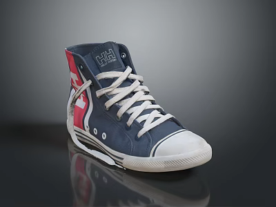 Navy Blue High Top Canvas Shoes With Red And White Side Accents And White Laces 3d model