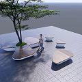 Adult and Child Enjoying Sunset View by Landscape Seat with Tree and Grass