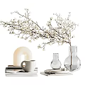 Decorative Ornament Set With White Blossom Branch Arched Lamp Glass Vases Books And Coffee Mug