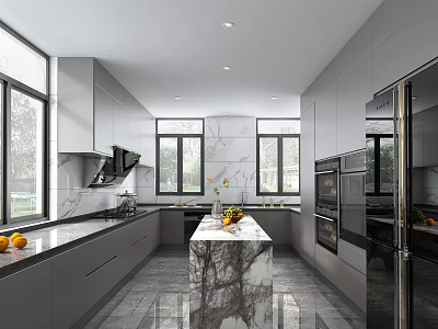 Modern Kitchen Interior With Gray Cabinets Marble Island And Large Windows Appliances 3d model