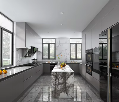 Modern Kitchen Interior With Gray Cabinets Marble Island And Large Windows Appliances 3d model