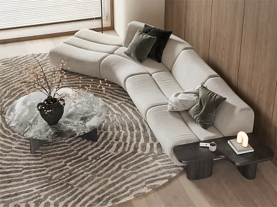 Beige L shaped Sectional Sofa with Plush Cushions Glass Coffee Table and Zebra Rug 3d model