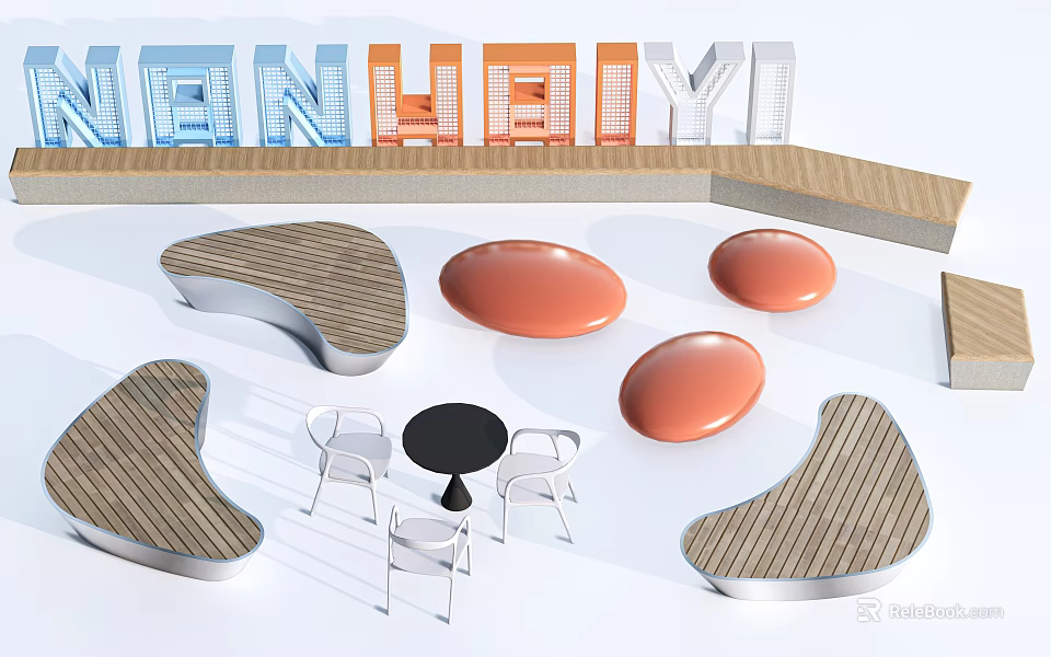 Curved Wooden And Circular Orange Landscape Seats With Small Black Table And White Chairs 3d model 