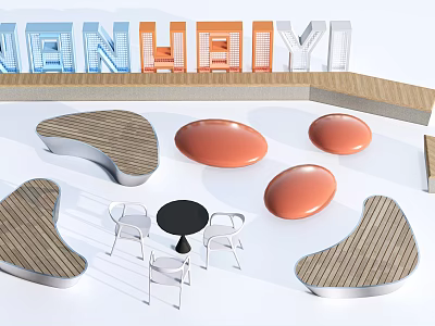 Curved Wooden And Circular Orange Landscape Seats With Small Black Table And White Chairs 3d model