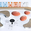 Curved Wooden And Circular Orange Landscape Seats With Small Black Table And White Chairs