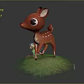 Cute Brown Fawn 3D Model Standing On Green Grass With Small Flower
