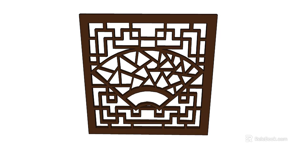 Traditional Chinese Wooden Carved Lattice Window With Geometric Patterns And Fan Design 3d model 