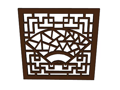 Traditional Chinese Wooden Carved Lattice Window With Geometric Patterns And Fan Design 3d model