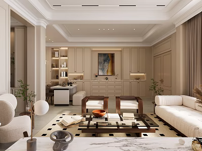 Elegant Living and Dining Room Interior With Neutral Sofa Coffee Table And Decorative Painting 3d model