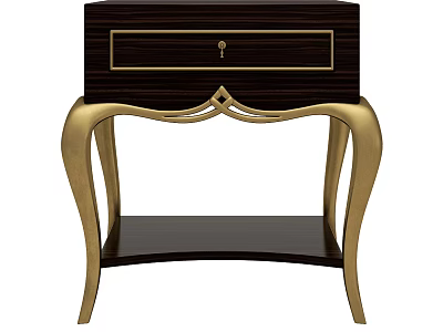 Dark Wood Bedside Table With Gold Metal Legs Ornate Trim And Keyhole Drawer 3d model