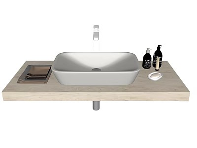 Modern Minimalist Washbasin On Wooden Countertop With Silver Faucet Black Bottles Tray And Soap Dish 3d model