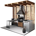Outdoor Kitchen Cabinets With Wooden Doors Stone Countertops Grill And Black Range Hood