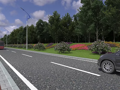 Municipal Road With Asphalt Pavement Lush Trees Colorful Flower Beds And Street Lights 3d model