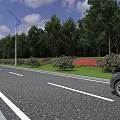 Municipal Road With Asphalt Pavement Lush Trees Colorful Flower Beds And Street Lights