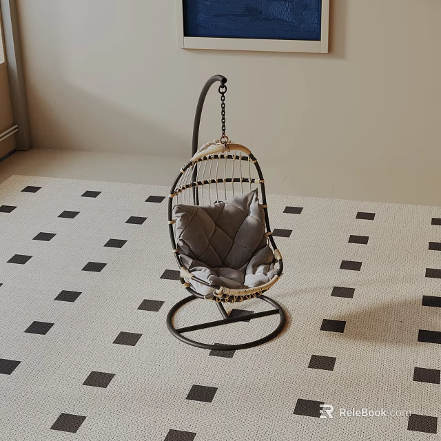 Hanging Chair With Gray Cushion Metal Frame And Chain On Black And White Square Carpet 3d model 
