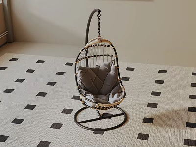 Hanging Chair With Gray Cushion Metal Frame And Chain On Black And White Square Carpet 3d model