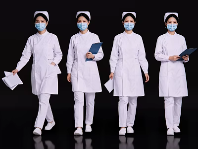 Group of Nurses in White Nurse Uniforms with Caps Masks and Documents on Black Background 3d model