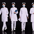 Group of Nurses in White Nurse Uniforms with Caps Masks and Documents on Black Background