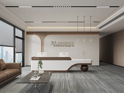 Front Desk Reception In Modern Office With Stylish Desk Logo Sofa Plants And Large Windows 3d model