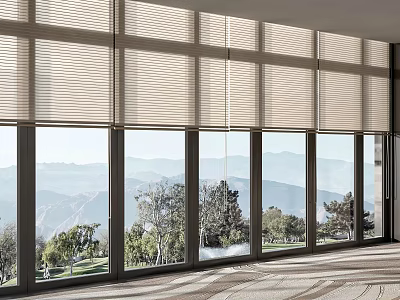 Floor to Ceiling Windows With Blinds Featuring Mountain View And Green Trees 3d model