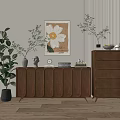 Modern Wooden Console Cabinet And Side Cabinet With Framed Painting Green Plants Decorative Items