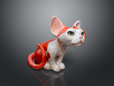 Cute Red And White Cat Sculpture With Large Ears Green Eyes And Curled Tail 3d model