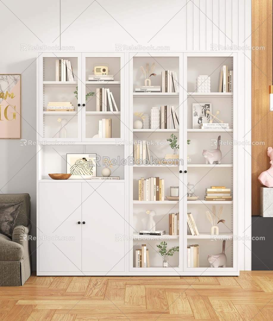 Nordic Style Wrought Iron Bookcase Glass Door Rack Storage Cabinet Modern Simple Floor Bookcase Living Room Storage Small Cabinet 3d model