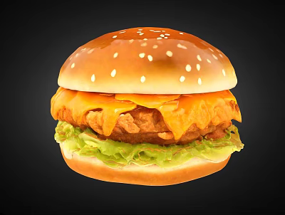 Delicious Crispy Chicken Cheeseburger With Sesame Seed Bun Melted Cheese And Fresh Lettuce 3d model