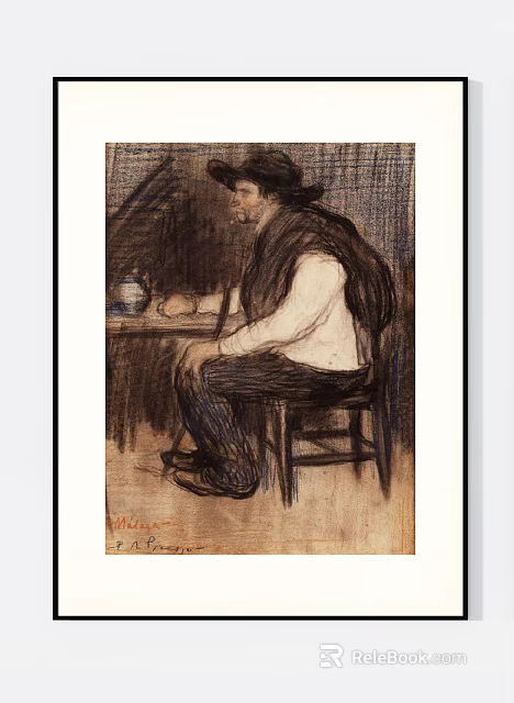 Portrait Drawing of Man in Hat Sitting at Table with Tea Pot in Charcoal Style 3d model 