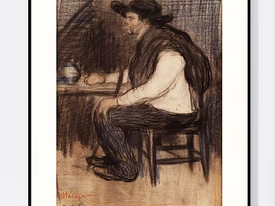 Portrait Drawing of Man in Hat Sitting at Table with Tea Pot in Charcoal Style 3d model