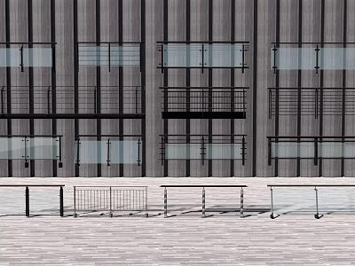 Modern Metal And Glass Fence Design With Striped Gray Wall And Layered Structure 3d model