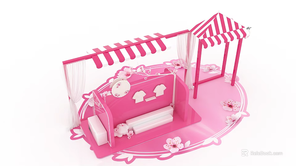Pink Themed Commercial Equipment Featuring Striped Awning White Curtains And Cherry Blossom Decorations 3d model 