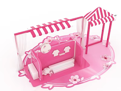 Pink Themed Commercial Equipment Featuring Striped Awning White Curtains And Cherry Blossom Decorations 3d model