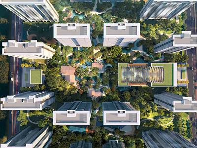Birds Eye View Planning Of Residential Community With Buildings And Greenery 3d model