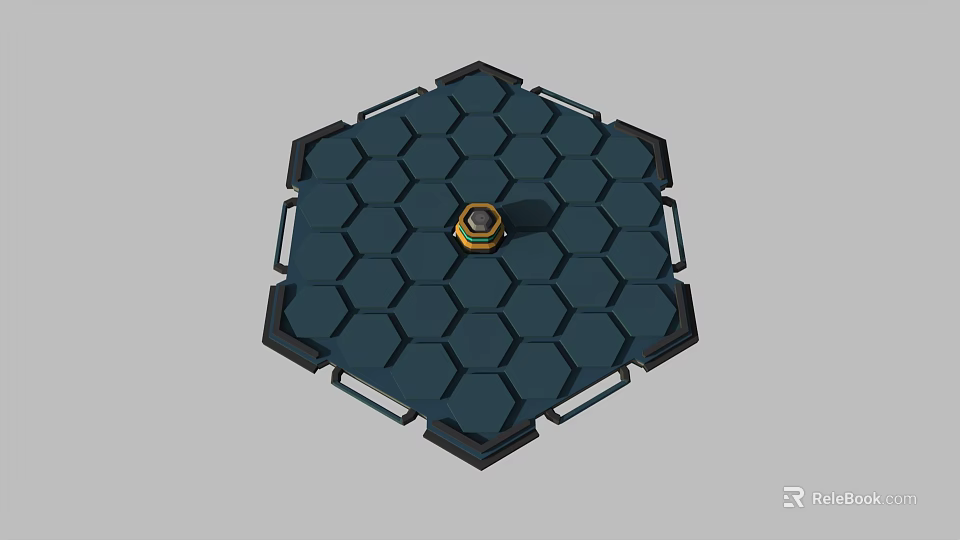 Hexagonal Tech Device With Dark Blue Geometric Panels And Central Yellow Component 3d model 