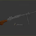 Vintage Machine Gun With Round Drum Magazine Tripod Wooden Stock And Bullets