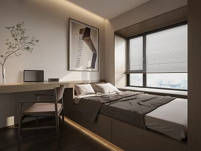 Modern Minimalist Tatami Bedroom With Tatami Bed Desk Chair Laptop Window Blinds And Wall Art 3d model