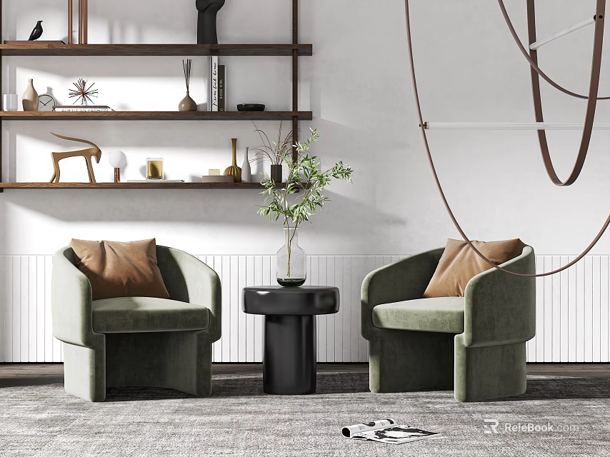 Leisure Sofa Set Green Armchairs With Black Round Table Potted Plant White Wall Gray Carpet 3d model 